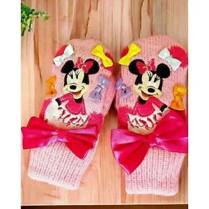 Lil Girls Pink Disney Minnie Mouse Colorful Bow Gloves Warm lining XS/S (3-5)